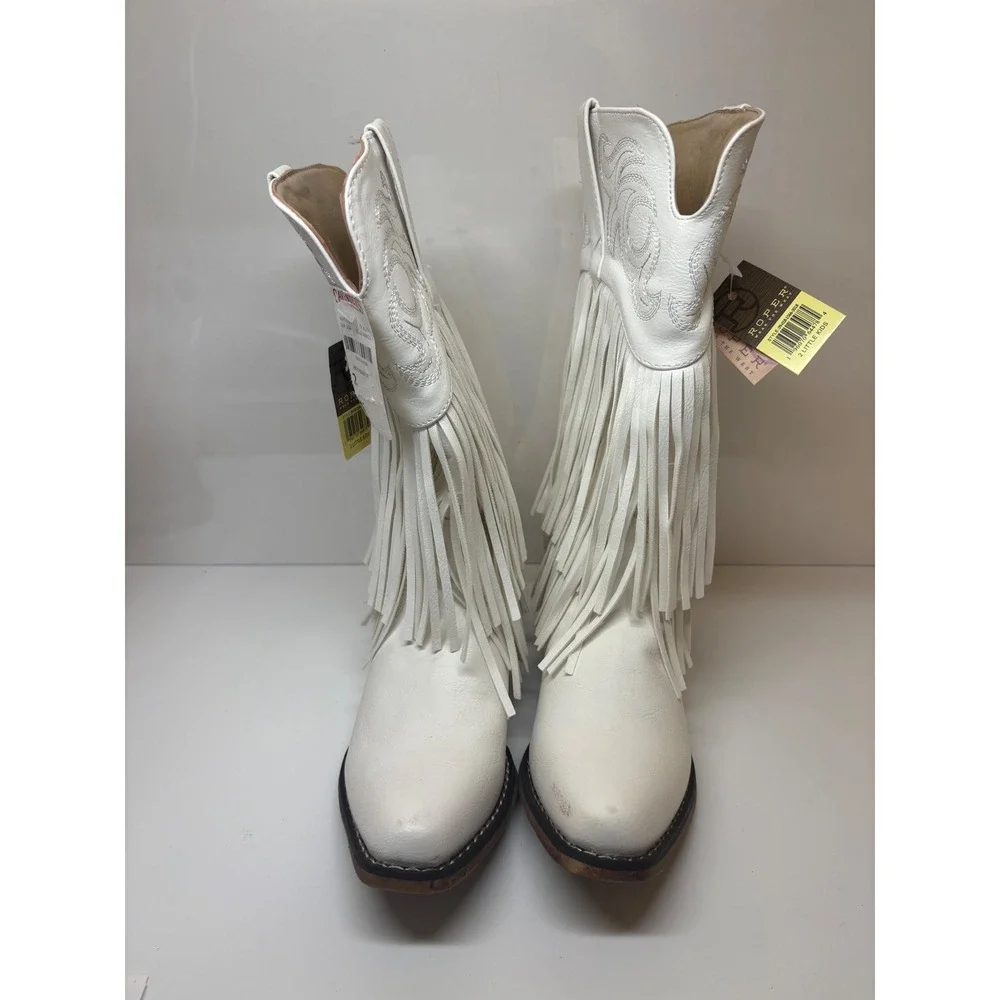 Roper Girls White Faux Leather Fringe Snip Toe Cowboy Boots size 2  1815663018